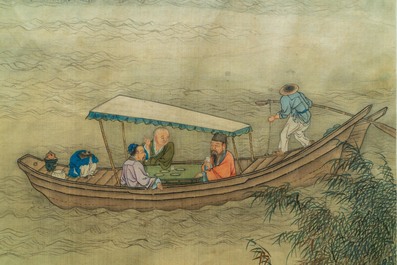 Chinese school, ink and colour on silk, 18/19th C.: 'Tea party on the water'